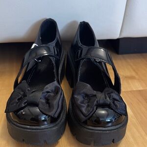 Black Patent Mary Jane Platform Shoes with Satin Bow